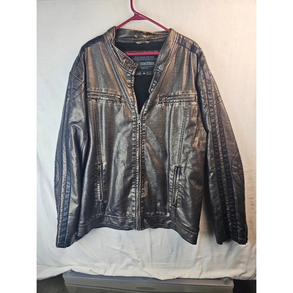 Machine Type Field Apparel Mens XXL Faux Leather Moto Jacket Metallic Pewter Zip